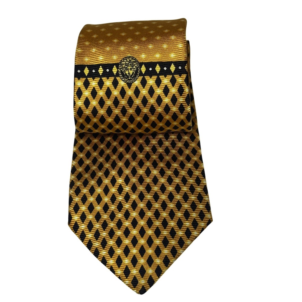 Versace Tie Mens Gold Black Silk Geometric Diamond Medusa Made In Italy Necktie